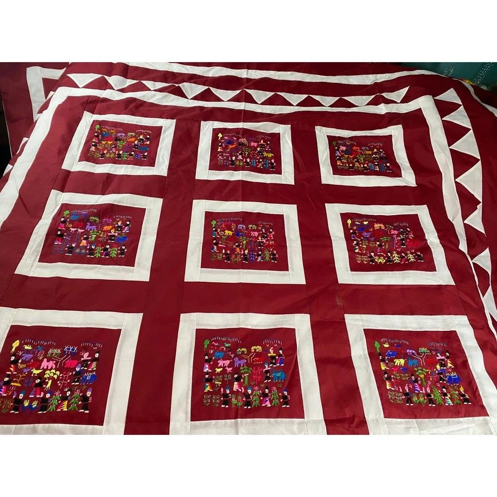 Handmade Hmong Story Cloth Quilt Red Embroidered Folk Art Bedspread 88